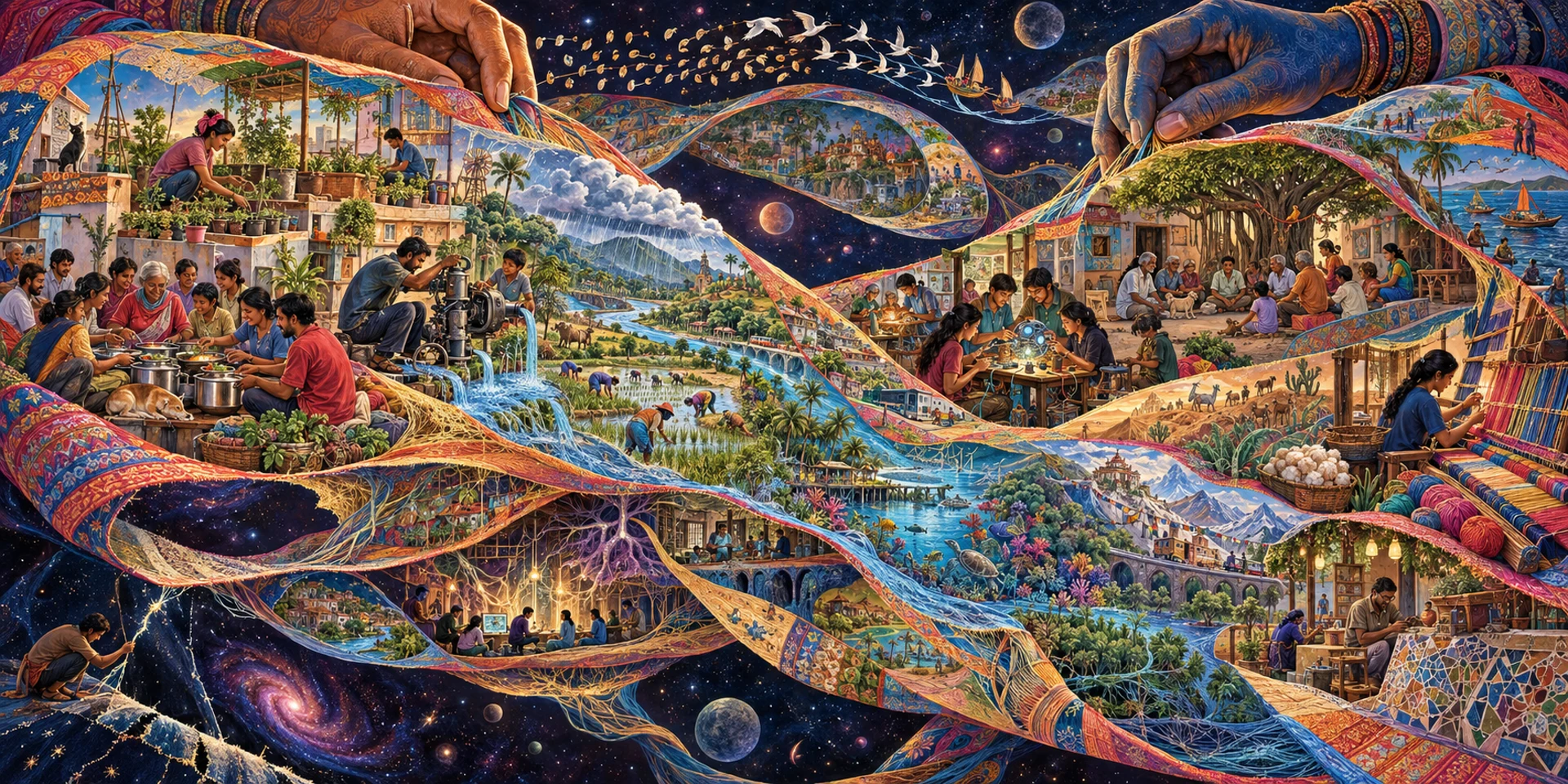 An imagined living tapestry of people, workshops, farms and communities weaving a shared world