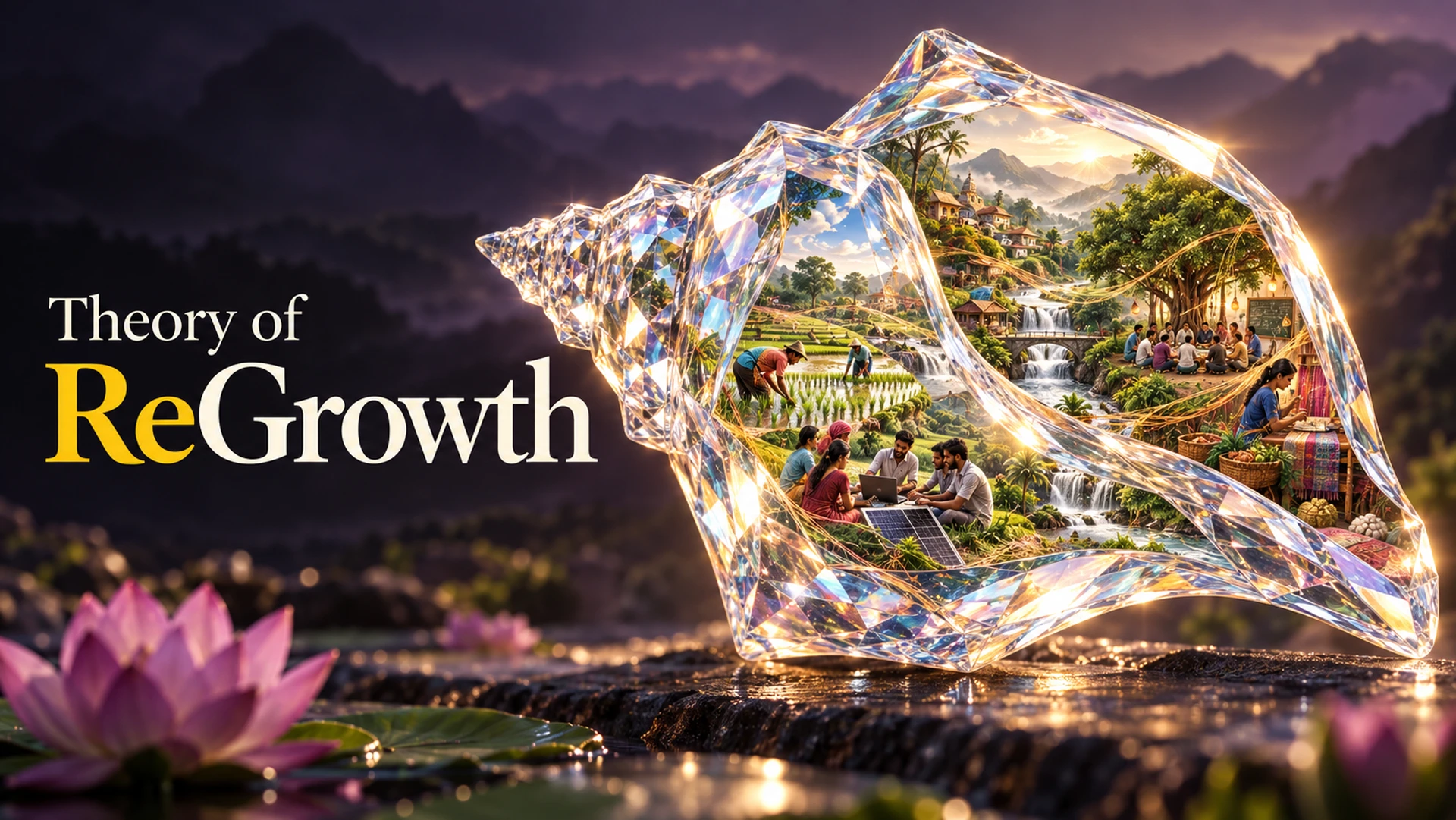 Theory of ReGrowth: a crystalline conch holding a living landscape
